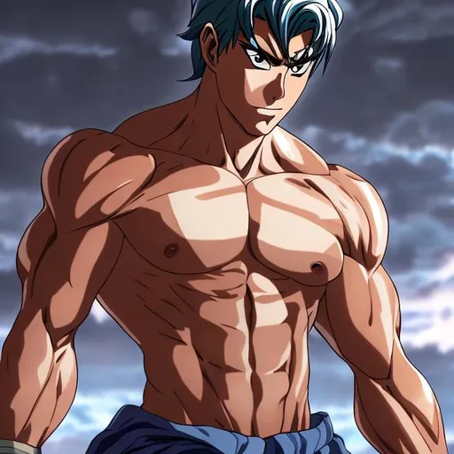 Prompt: muscular anime man, showing his abs, UHD, Highly detailed, best quality, high quality.