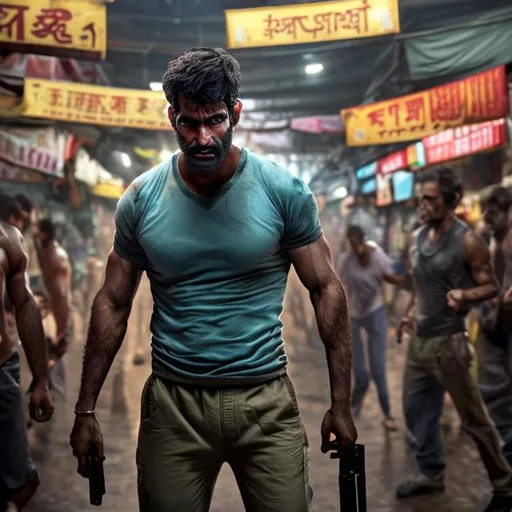 Prompt: a full scene of very sweaty hypermasculine irani army man with brown hair and with rugged handsome face wearing light blue sweatpants with bulge in a busy market with guns etc. very hansome thick wet chest and armpits, arena, perfect composition, hyperrealistic, super detailed, 8k, high quality, trending art, trending on artstation, sharp focus, studio photo, intricate details, highly detailed, by netflix