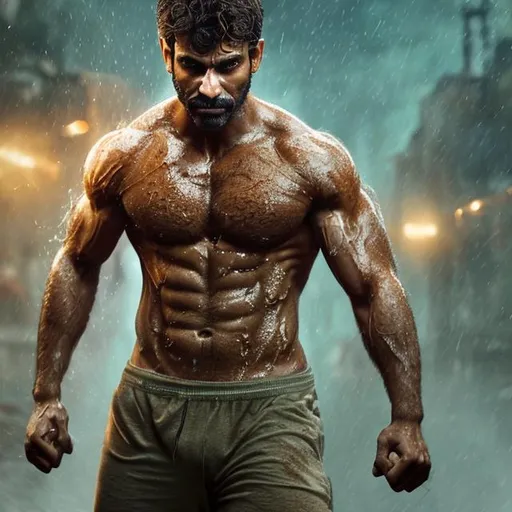 Prompt: a full scene of very sweaty hypermasculine irani army man with brown hair and with rugged handsome face wearing light blue sweatpants. very hansome thick wet chest and armpits, arena, perfect composition, hyperrealistic, super detailed, 8k, high quality, trending art, trending on artstation, sharp focus, studio photo, intricate details, highly detailed, by netflix