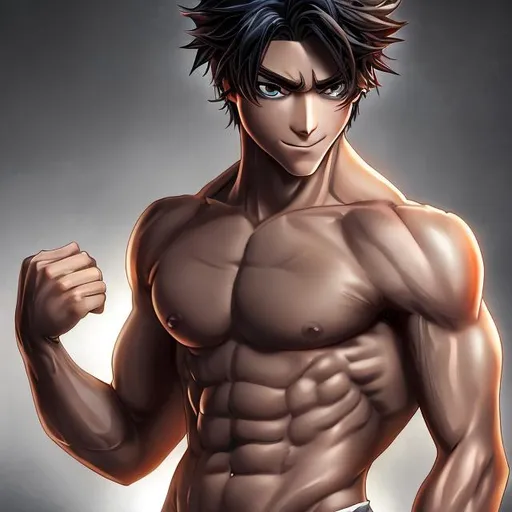 Prompt: Anime male (black side-swept hair covering his right eye) muscular, showing his abs, UHD, 8K, Highly detailed, insane detail, best quality, high quality.