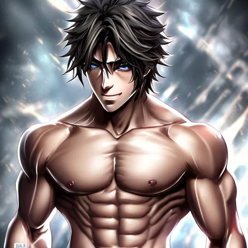 Prompt: Anime male (black side-swept hair covering his right eye) muscular, showing his abs, UHD, 16K, Highly detailed, insane detail, best quality, high quality.