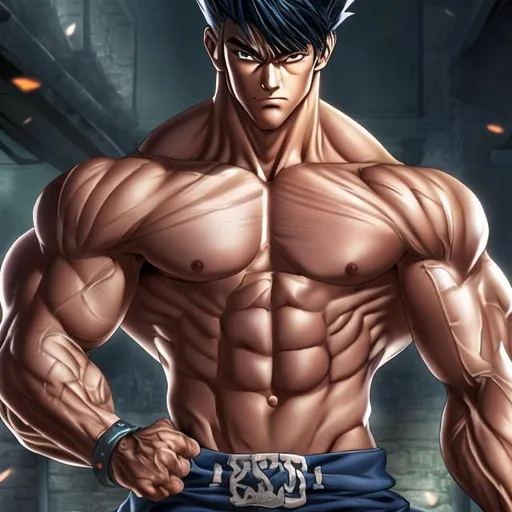 Prompt: muscular anime man, showing his abs, UHD, 16K, Highly detailed, insane detail, best quality, high quality.