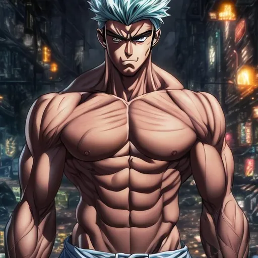 Prompt: muscular anime man, showing his abs, UHD, 16K, Highly detailed, insane detail, best quality, high quality.