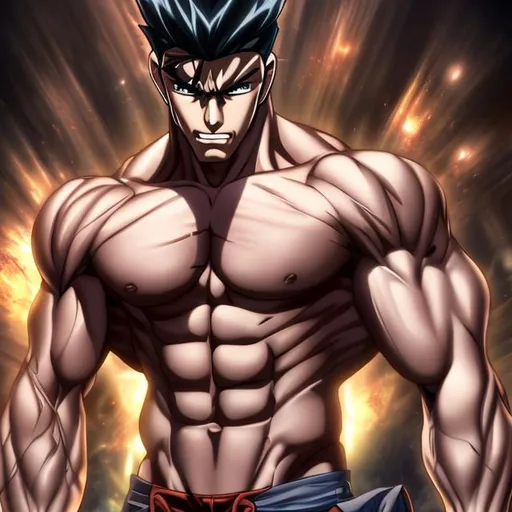 Prompt: muscular anime man, showing his abs, UHD, 16K, Highly detailed, insane detail, best quality, high quality.