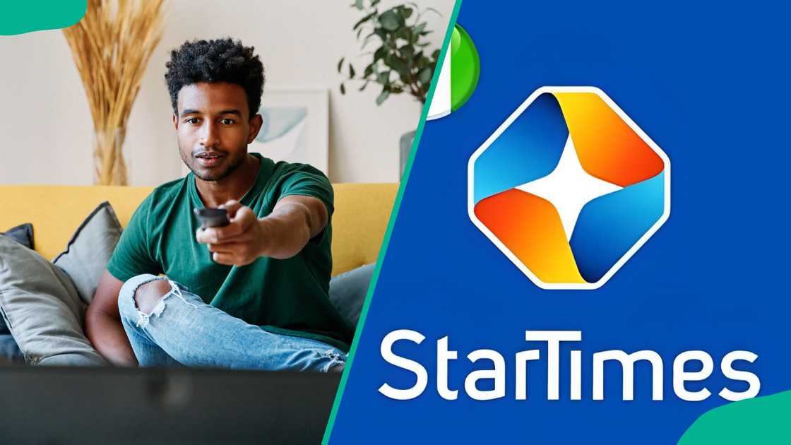 Entertained man watching a movie on TV (L). StarTimes logo (R)