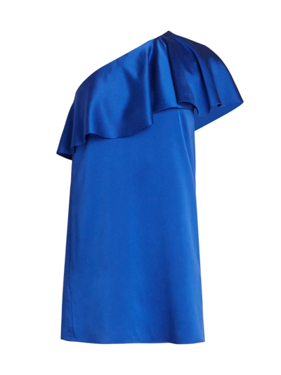 Saint Laurent Satin Silk One-shoulder Ruffle Minidress In Bleuvif