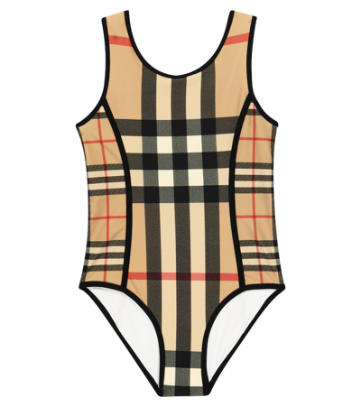 Burberry Kids' Beige Swimsuit For Girls With Iconic Check In Archive Beige Check