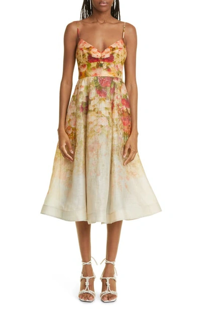 Zimmermann Luminosity Picnic Shirred Floral-print Linen And Silk-blend Midi Dress In Rosy Garden Print