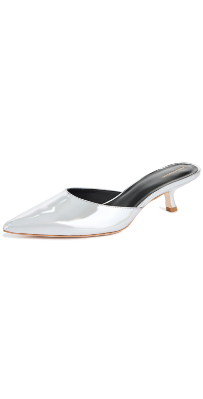 Reformation 40mm Wilda Mirror Leather Mules In Silver