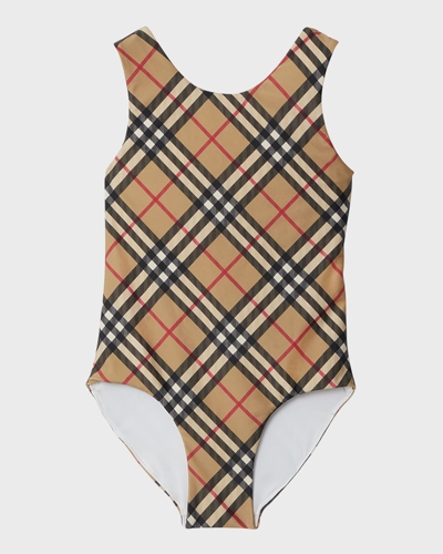 Burberry Kids' Round-neck Checked Swimsuit In Brown