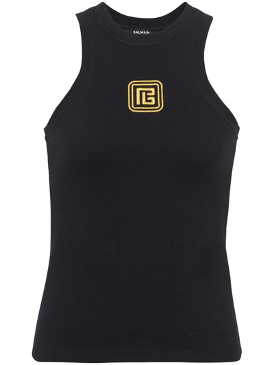 Balmain Pb Logo-embroidered Jersey Tank Top In Ead Noir/or