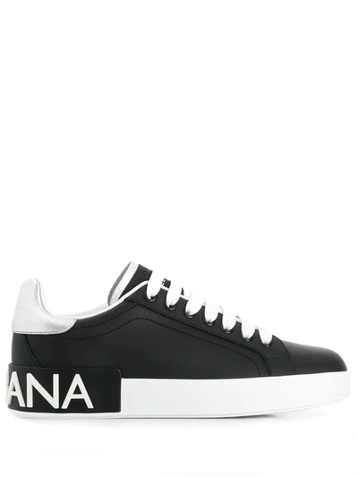 Dolce & Gabbana Portofino Sneakers In Black Nappa Calfskin In Nero Argento