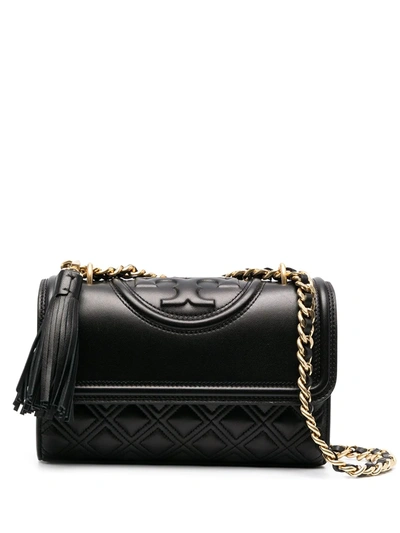 Tory Burch Black Logo Embossed Quilted Shoulder Bag In Black  