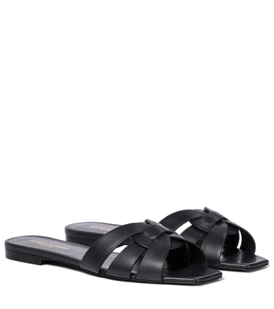 Saint Laurent Nu Pieds Woven Leather Slides In Black