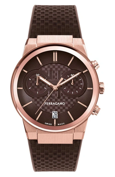 Ferragamo Men's Rose-goldtone Stainless Steel & Silicone Chronograph Watch/41mm In Ip Rose Gold/brown