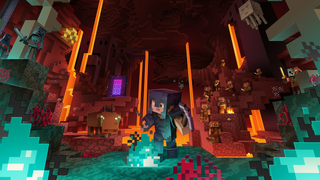 Minecraft Nether Update key art - A player wearing Netherite armor walks through a stylized rendition of The Nether surrounded by Hoglins and Pigmen.