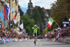 adej Pogacar of Team Slovenia celebrates at finish line as gold medal winner during the 97th UCI Cycling World Championships Zurich 2024, Men's Elite Road Race a 273.9km one day race from Winterthur to Zurich on September 29, 2024 in Zurich, Switzerland.