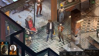 Disco Elysium - The player character and Lt Kim Kitsuragi stand in the Whirling In Rags cafe.