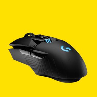 An image of the Logitech G903 Lightspeed wireless gaming mouse against a yellow background