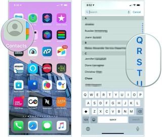How to find an existing contact on iPhone or iPad: Launc the Contacts app. Once in them tap on the letter on the right side of the screen to find your contact.
