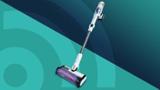 Shark Detect Pro Cordless vacuum against an aqua and blue background