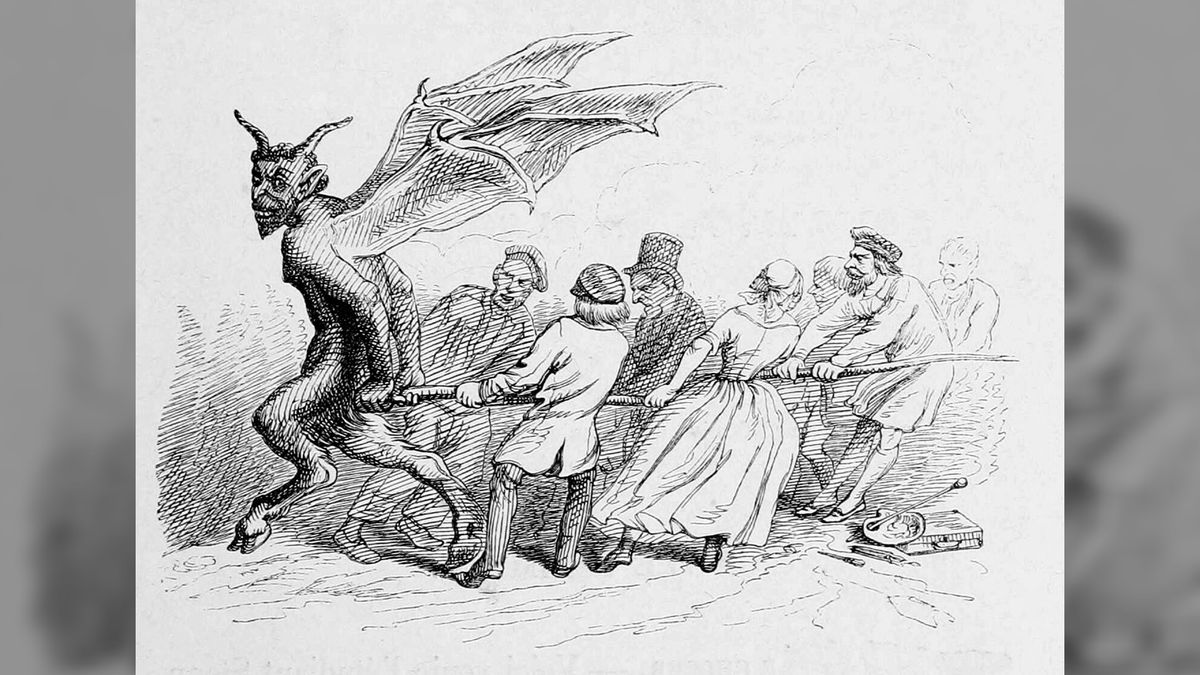 Pulling the Devil by the Tail, a 19th century woodcut by J. J. Grandville