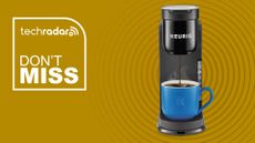 Keurig K-Express Single Serve K-Cup Pod Coffee Maker with blue cup on yellow background with don't miss TechRadar icon