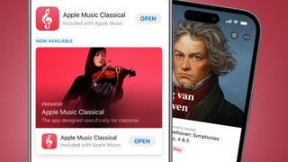 Two iPhones on a red background showing the Apple Music Classical app