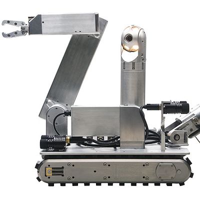 A mobile robot with a base that is a tracked wheel, supporting metallic extensions including an arm with a gripper attachment, and a vertical column with a camera.