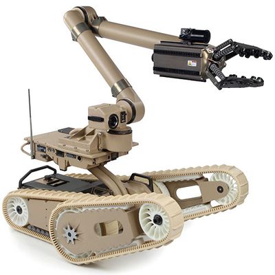 A beige wheeled robot with tank-like treads with a bent articulated arm featuring a strong black gripper hand.