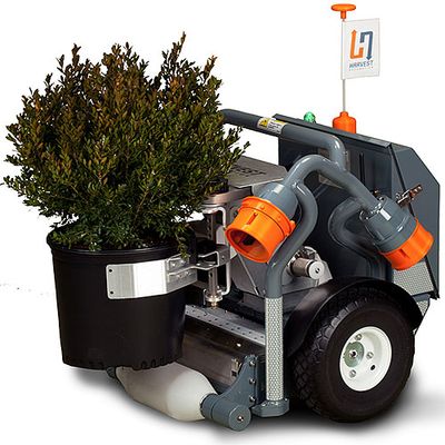 A short wheeled robot with a roller on it's bottom balances a potted plant on top of the roller and in between its front claw.