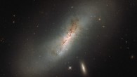 In this Hubble image the barred spiral galaxy NGC 4424 is seen edge on, but from above you would be able to see the arms of the galaxy wrapping around its center to give the characteristic spiral form. The smaller, flatter, bright galaxy sitting just below NGC 4424 is named LEDA 213994. Image credit: NASA / ESA / Hubble.