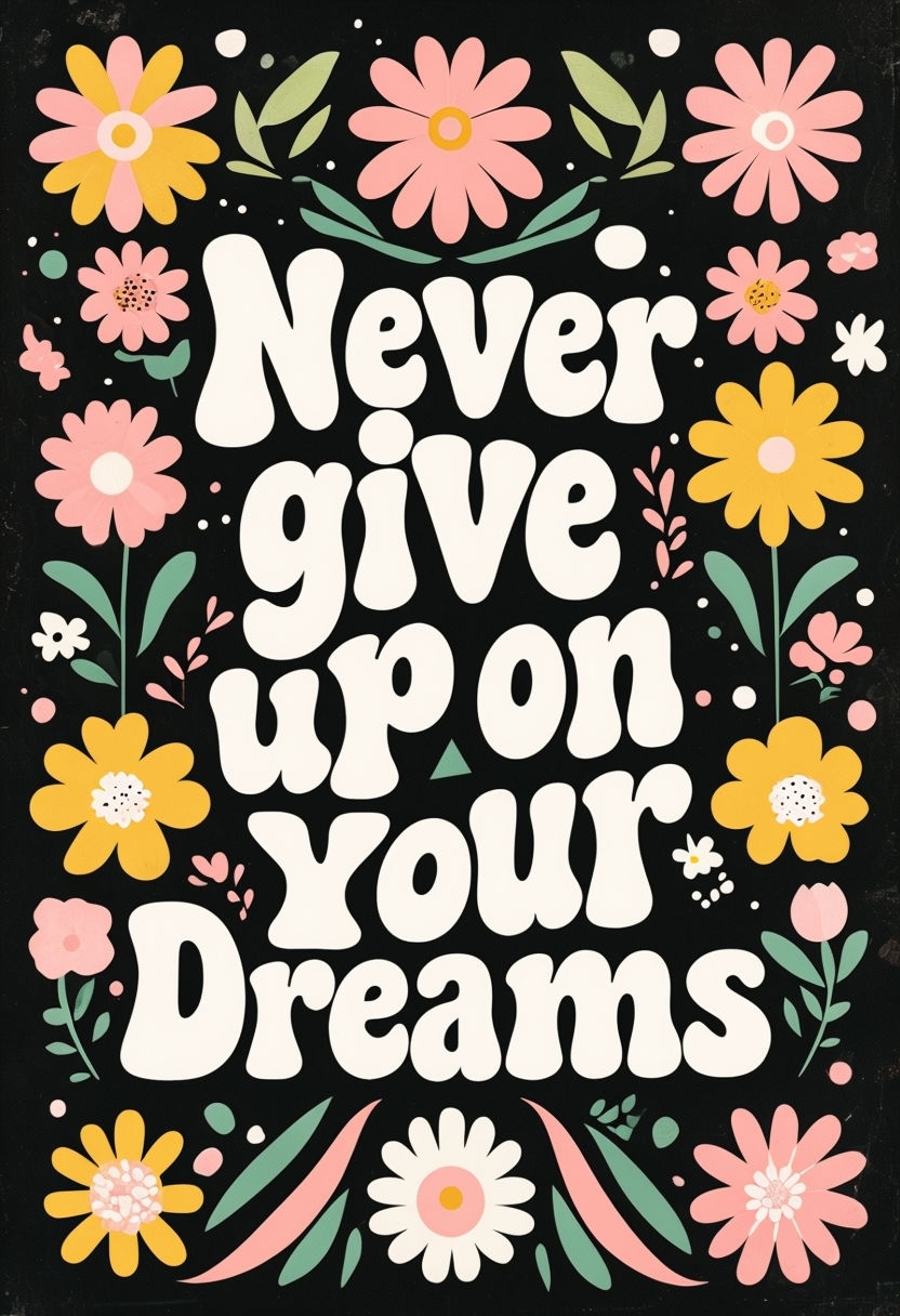 A poster with flowers that says never give up on your dreams