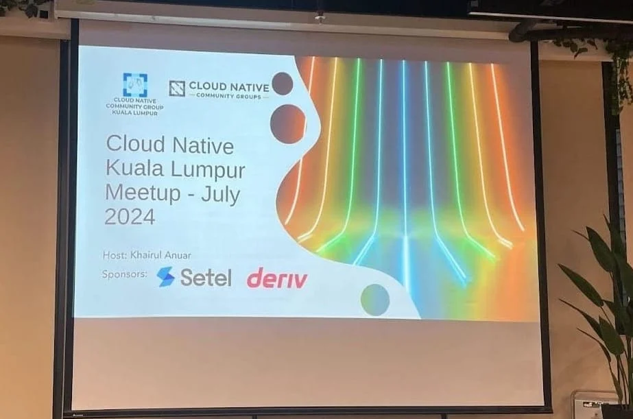 A presentation screen showing information about the Cloud Native Kuala Lumpur Meetup, sponsored by Deriv and Setel.