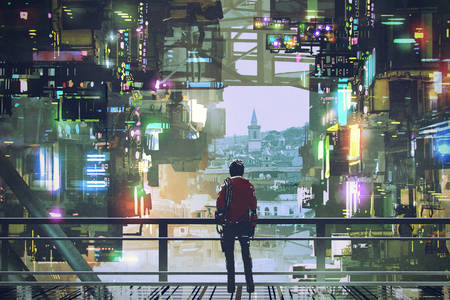 Futuristic city with colorful light