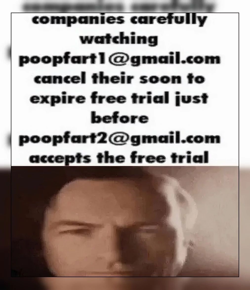 The image shows the text "companies carefully watching poopfart1@gmail.com cancel their soon to expire free trial just before poopfart2@gmail.com accepts the free trial." Below that, there is a close-up shot of a man with a suspicious expression.