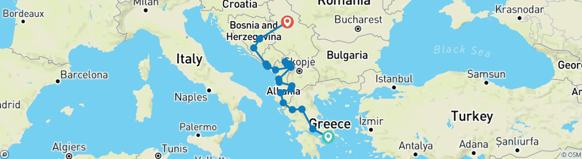 Carte du circuit Circuit semi-privé dans les Balkans ; d'Athènes à Sarajevo ou Belgrade