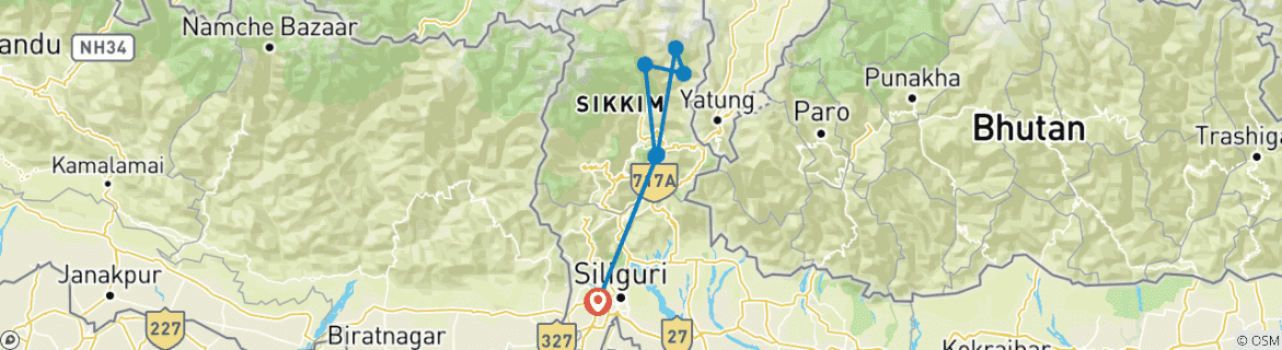 Kaart van Alpine Noord Sikkim Tour