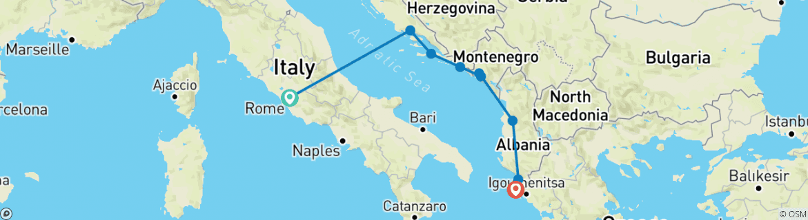 Carte du circuit La côte dalmate : Croatie, Corfou et villes médiévales