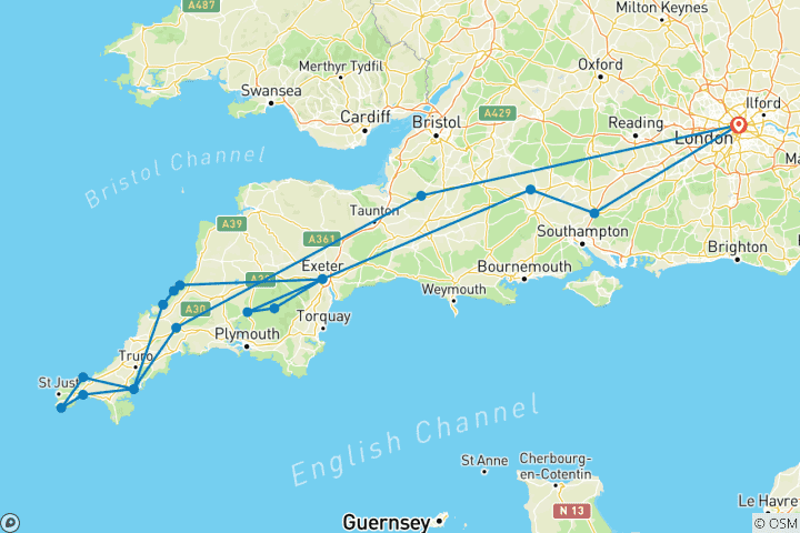 Carte du circuit 5 jours en petit groupe dans le Devon et les Cornouailles au départ de Londres