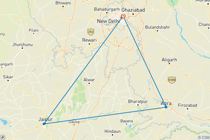 Mapa de 4 Días en el Triángulo de Oro: Una Aventura Cultural e Histórica por Delhi, Agra y Jaipur