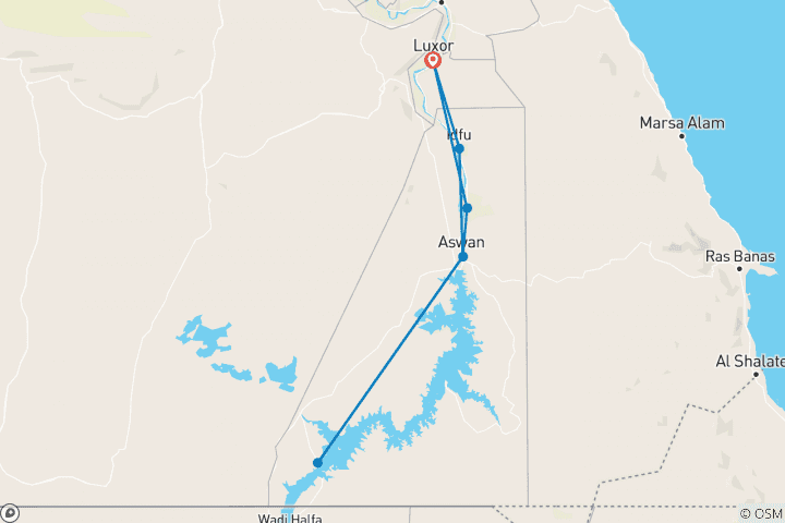 Map of From Luxor 8 Days 7 Nights Nile Cruise WITH GUIDED TOURS & 2 FREE TOURS "HOT AIR BALLOON & ABU SIMBEL TEMPLES"