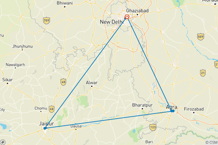 Mapa de Triángulo de oro Delhi Agra Jaipur con estancia en hotel Fuerte histórico