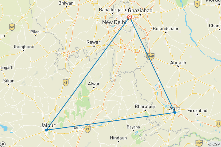 Mapa de 06 días de viaje por el triángulo de oro con tres lugares históricos