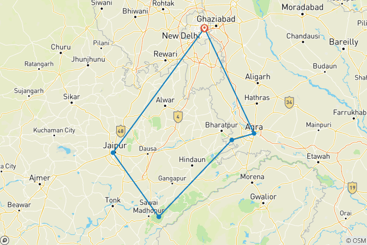 Mapa de Circuito de lujo al triángulo de oro con Ranthambore