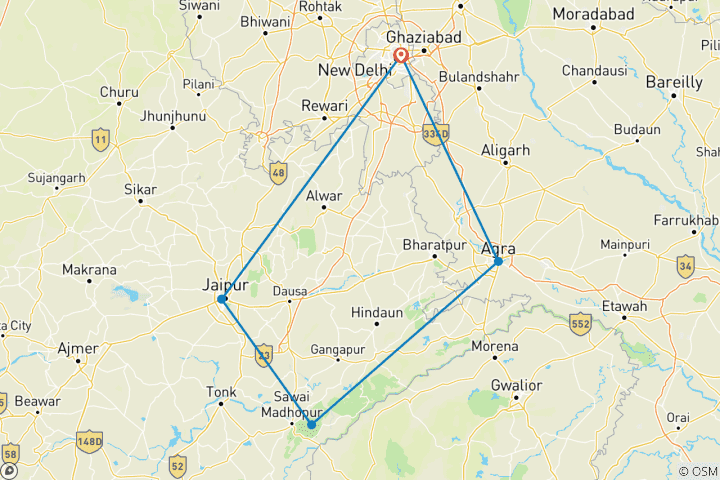 Mapa de Circuito al triángulo de oro con tigres de Ranthambore y Taj Mahal amanecer/puesta de sol 7 días