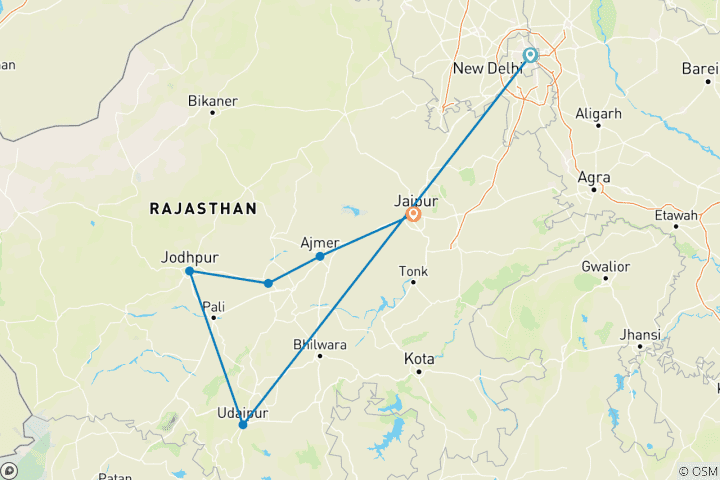 Mapa de Circuito histórico por Rajastán