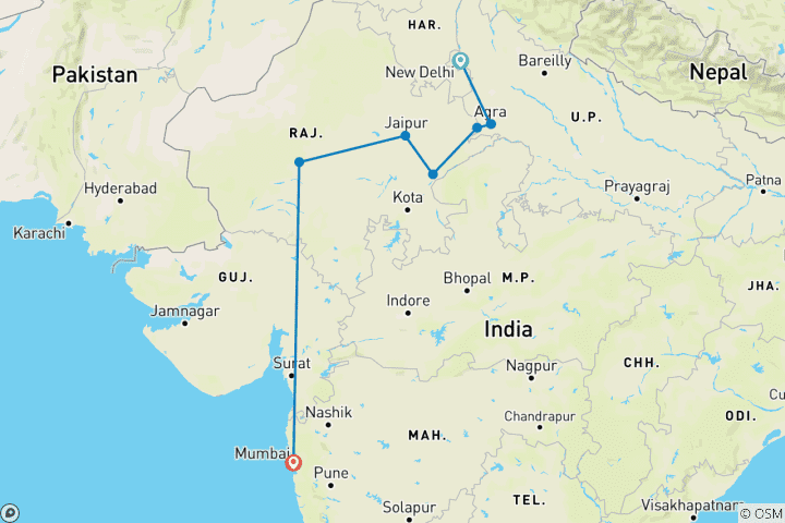 Map of 10 Days Golden Triangle Tour with Mumbai, From New Delhi Airport