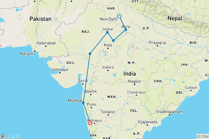 Map of Eternal India Reunion 35 to 45 (Only Available To Contiki Past Travellers, Reunion, 12 Days)