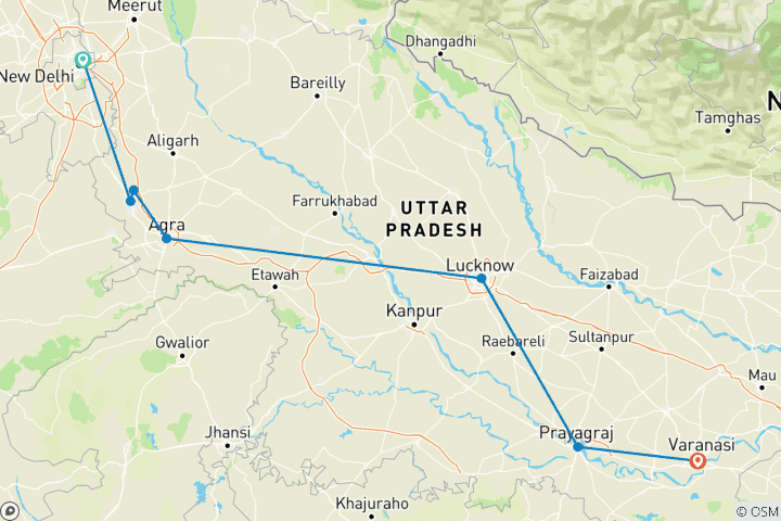 Map of Golden Triangle Spiritual Journey: Delhi to Varanasi via Mathura, Agra, Lucknow & Ayodhya!